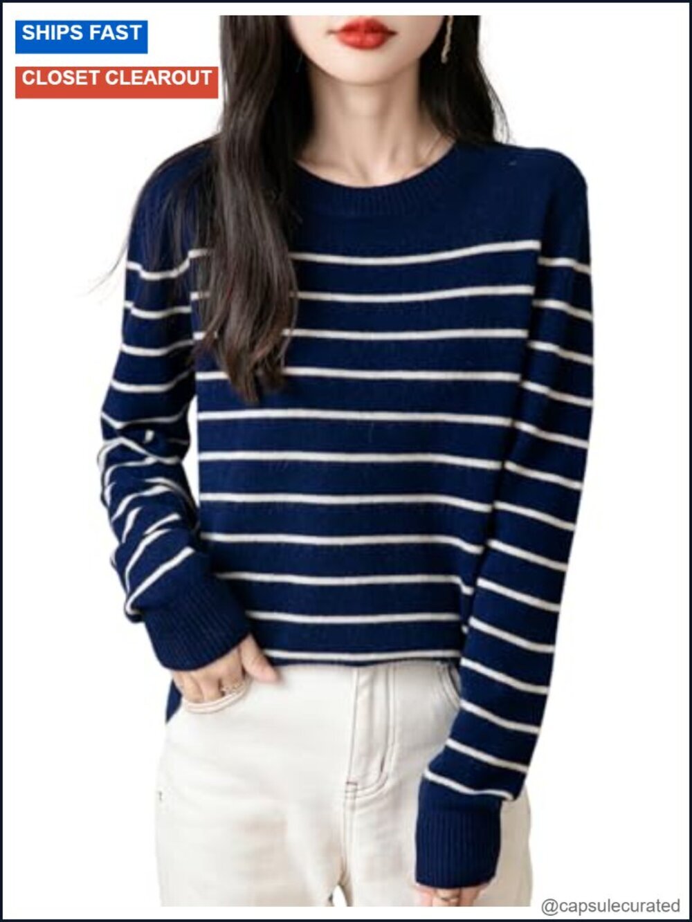 100% Merino Wool Crew Neck Long Sleeve Striped Sweater Women Pullover
